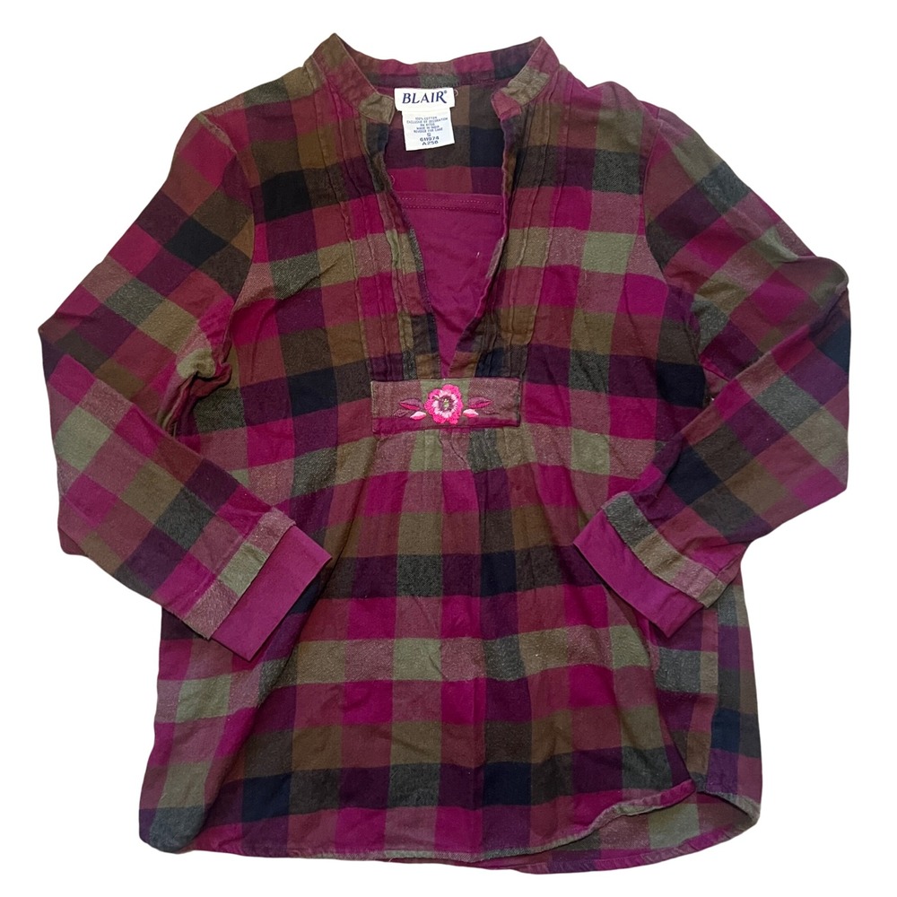 Blair Plaid Flannel Tunic Top Embroidered Pink Brown Green Womens S Fall Blouse